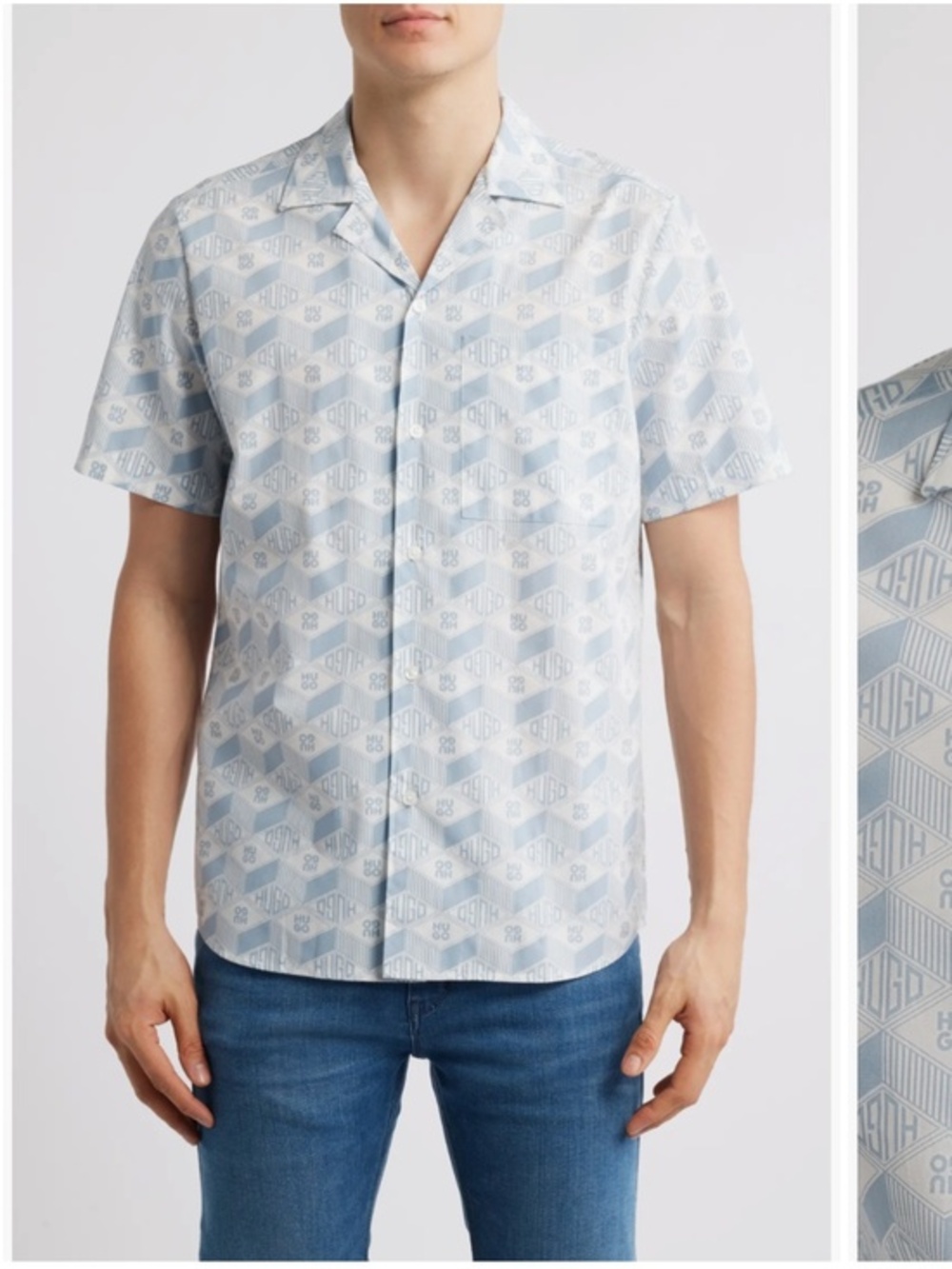 Hugo Boss Ellino Logo Print Blue White Cotton Short Sleeve Camp Shirt New XL